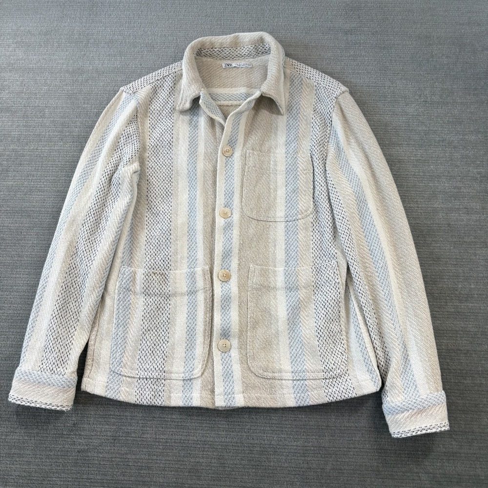Zara Blanket Shirt Mens M Cream White Blue Striped Button Up Knit Shacket